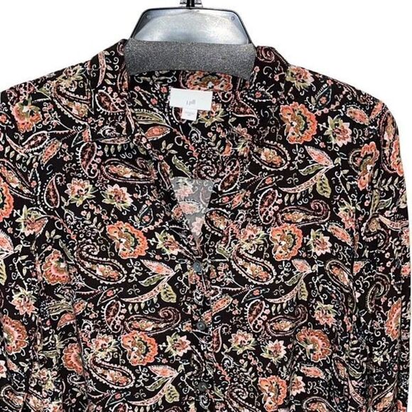 J. Jill Tunic Womens Black Multi Floral Paisley Button Up Long Sleeve Blouse Sma - Picture 2 of 8